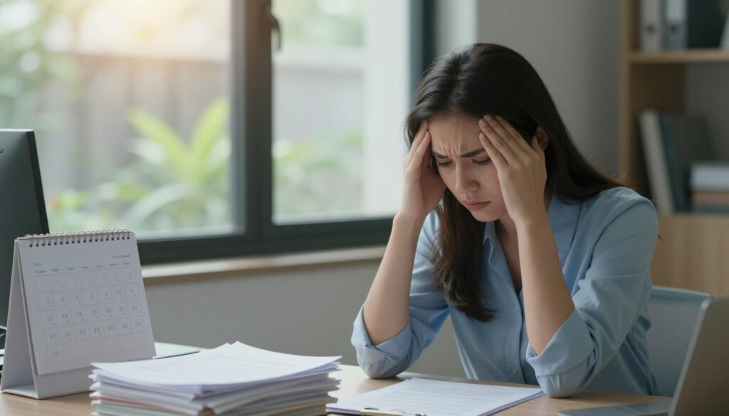 A stressed young woman sitting at a desk in a softly lit office space, with a worried expression on her face. She has a stack of paperwork and a calendar with marked dates in the foreground, symbolizing menstrual delay and anxiety. In the middle background, a window shows a view of a calm garden, contrasting the indoor stress. Gentle sunlight filters through, creating a warm yet tense atmosphere. The woman is wearing modest casual clothing, reflecting her professional environment. The overall color palette leans towards soft blues and muted earth tones, conveying a sense of contemplation and the weight of worry, while ensuring it remains Safe For Work. A stressed young woman sitting at a desk in a softly lit office space, with a worried expression on her face. She has a stack of paperwork and a calendar with marked dates in the foreground, symbolizing menstrual delay and anxiety. In the middle background, a window shows a view of a calm garden, contrasting the indoor stress. Gentle sunlight filters through, creating a warm yet tense atmosphere. The woman is wearing modest casual clothing, reflecting her professional environment. The overall color palette leans towards soft blues and muted earth tones, conveying a sense of contemplation and the weight of worry, while ensuring it remains Safe For Work.