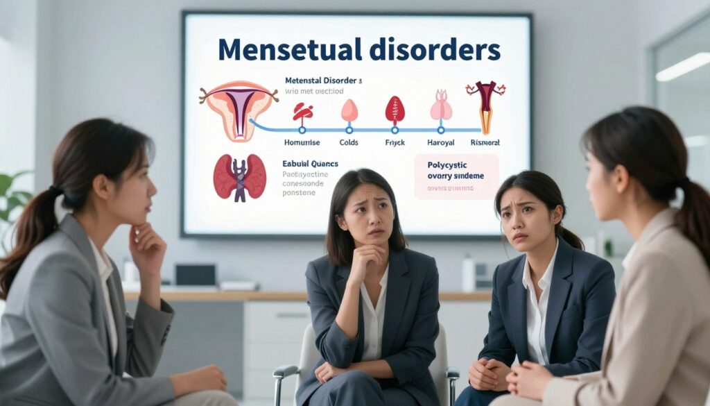 A thoughtful and informative illustration depicting various medical conditions that can lead to menstrual disorders. In the foreground, a diverse group of three women, dressed in professional business attire, are engaged in a conversation, each displaying expressions of concern and understanding. The middle layer shows a medical chart with diagrams representing the hormonal cycle, along with illustrations of potential health issues such as thyroid problems and polycystic ovary syndrome. The background features a calming, sterile medical office environment with soft lighting, emphasizing a safe, supportive atmosphere. The overall mood is one of empowerment and awareness, conveying the importance of understanding menstrual health beyond stress. The image should evoke a sense of professionalism and education. A thoughtful and informative illustration depicting various medical conditions that can lead to menstrual disorders. In the foreground, a diverse group of three women, dressed in professional business attire, are engaged in a conversation, each displaying expressions of concern and understanding. The middle layer shows a medical chart with diagrams representing the hormonal cycle, along with illustrations of potential health issues such as thyroid problems and polycystic ovary syndrome. The background features a calming, sterile medical office environment with soft lighting, emphasizing a safe, supportive atmosphere. The overall mood is one of empowerment and awareness, conveying the importance of understanding menstrual health beyond stress. The image should evoke a sense of professionalism and education.