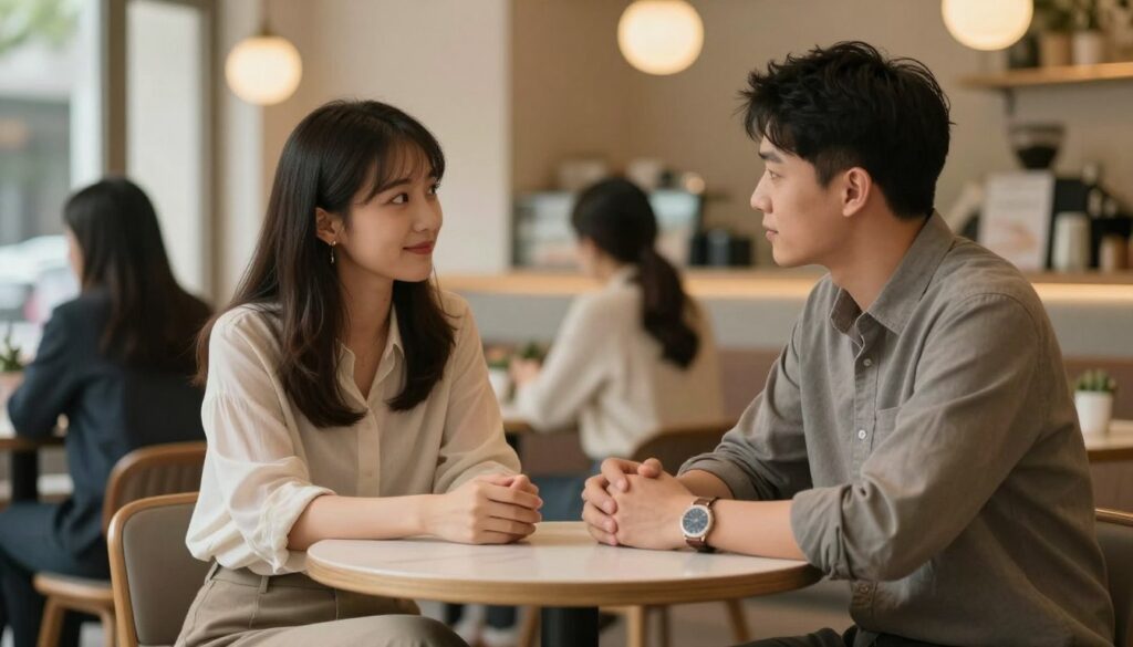 A balanced scene depicting the needs of both women and men in a relationship, set in a serene, cozy café. In the foreground, a woman and a man sit at a small round table, engaged in a thoughtful conversation. The woman, in a modest yet fashionable outfit, exudes warmth and understanding, while the man, in smart casual attire, displays attentiveness and support. In the middle ground, soft lighting from ambient lamps creates a welcoming atmosphere, accentuating their expressions of connection and empathy. The background shows blurred silhouettes of other patrons, enhancing the sense of intimacy. A soft focus lens captures the mood of harmony, emphasizing the importance of balance and communication in their relationship. The overall atmosphere conveys tranquility and mutual respect.