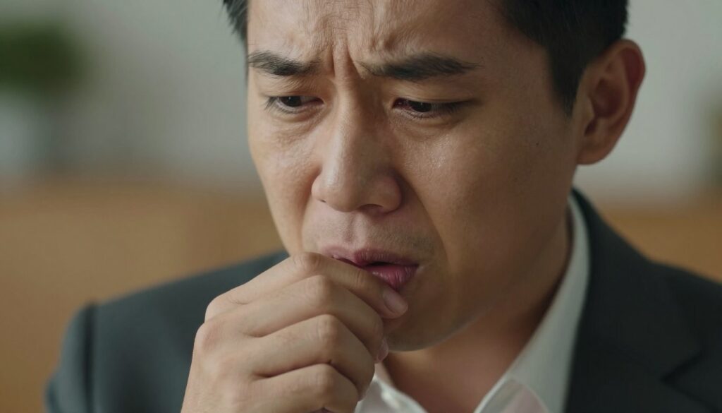 A close-up of a concerned individual, showcasing their expressive face and thoughtful eyes, as they experience a bitter taste in their mouth. The person is dressed in professional business attire, suggesting a serious context. In the foreground, focus on their lips poised in a slight grimace, capturing the essence of the unpleasant taste. The middle ground features their slightly furrowed brow, emphasizing stress and contemplation. The background is softly blurred, hinting at a cozy, quiet environment, perhaps an office or a study, with warm ambient lighting to create a reflective mood. The composition should evoke a sense of introspection and the connection between physical sensations and psychological states. A close-up of a concerned individual, showcasing their expressive face and thoughtful eyes, as they experience a bitter taste in their mouth. The person is dressed in professional business attire, suggesting a serious context. In the foreground, focus on their lips poised in a slight grimace, capturing the essence of the unpleasant taste. The middle ground features their slightly furrowed brow, emphasizing stress and contemplation. The background is softly blurred, hinting at a cozy, quiet environment, perhaps an office or a study, with warm ambient lighting to create a reflective mood. The composition should evoke a sense of introspection and the connection between physical sensations and psychological states.