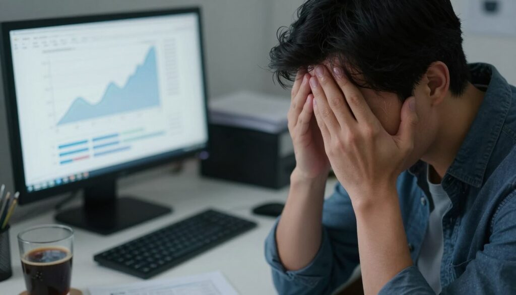 A close-up of a stressed individual sitting at a cluttered office desk, holding their head in their hands, reflecting feelings of nausea and anxiety. The foreground features the person's face, expressing discomfort and tension, with sweat beads on their forehead. In the middle ground, there's a computer screen showing a graph with fluctuating statistics, symbolizing work stress. In the background, soft lighting illuminates the office environment, highlighting scattered papers and a cup of cold coffee to enhance the chaotic atmosphere. The color palette is muted, with blues and grays, to evoke a sense of unease. The mood is tense and overwhelming, capturing the essence of stress-induced nausea. No text or additional distractions are included. A close-up of a stressed individual sitting at a cluttered office desk, holding their head in their hands, reflecting feelings of nausea and anxiety. The foreground features the person's face, expressing discomfort and tension, with sweat beads on their forehead. In the middle ground, there's a computer screen showing a graph with fluctuating statistics, symbolizing work stress. In the background, soft lighting illuminates the office environment, highlighting scattered papers and a cup of cold coffee to enhance the chaotic atmosphere. The color palette is muted, with blues and grays, to evoke a sense of unease. The mood is tense and overwhelming, capturing the essence of stress-induced nausea. No text or additional distractions are included.