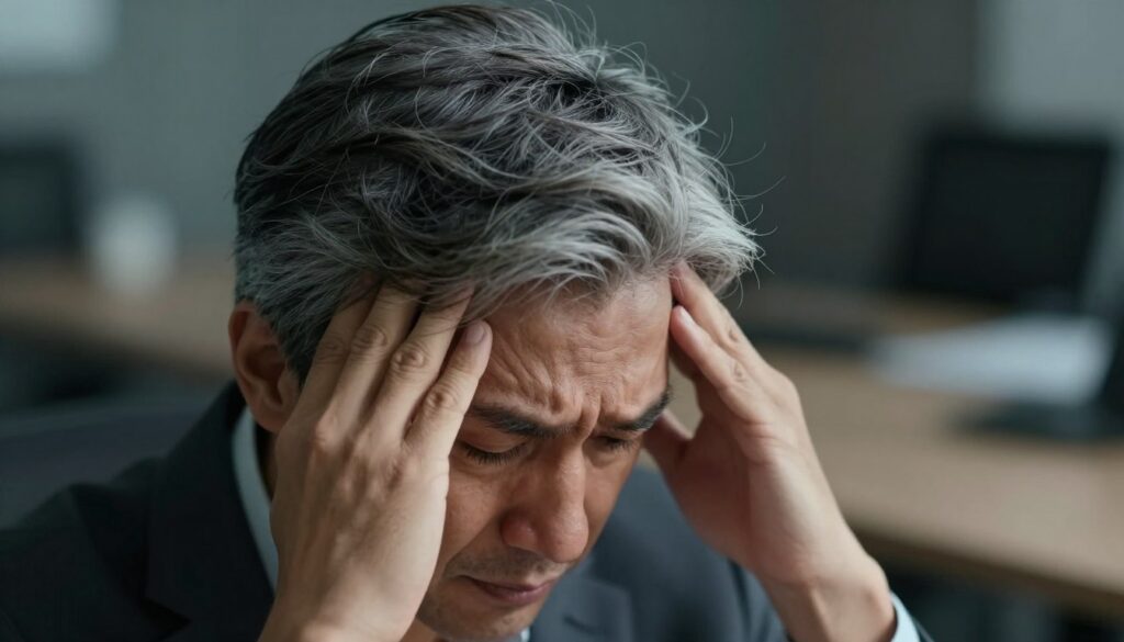 A close-up of a worried individual with noticeable gray hair strands, showcasing the impact of stress on hair color. The foreground features the person's face, with deep lines of concern and slightly furrowed brows, wearing professional business attire. The middle ground highlights their hair, with a focus on a blend of dark and grey hair to symbolize the transition caused by stress. In the background, a blurred office environment conveys a sense of pressure and anxiety, with dim lighting to enhance the mood of stress and worry. Soft shadows play across the face, creating a dramatic yet intimate atmosphere that emphasizes the emotional connection between stress and premature graying. The angle is slightly tilted to convey instability, enhancing the feeling of tension.