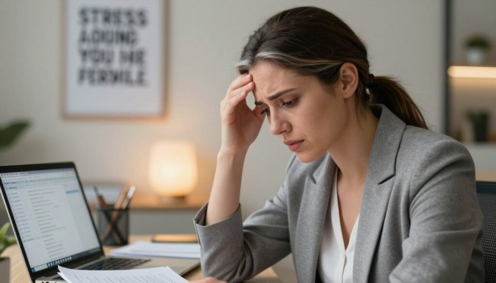 A close-up of a young professional woman sitting at her desk, looking stressed and worried, with a few noticeable gray hairs appearing at her temples. She is wearing a stylish, modest business outfit, with her hair tied back, showing the contrast between her dark hair and the gray strands. In the foreground, there are scattered documents and a laptop screen displaying a hectic email inbox. The middle ground captures the woman's reflective face, conveying anxiety and contemplation. In the background, a softly lit office space is visible, with a motivational poster about stress management on the wall, framed by warm, ambient lighting. The mood is tense yet hopeful, highlighting the impact of stress on physical appearance.