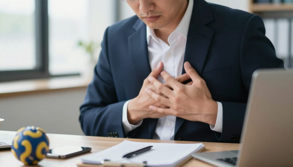 A close-up scene of a professional individual, dressed in smart business attire, sitting at a desk with a worried expression, gently pressing their hand against their chest in a gesture that conveys concern. The foreground features their hand in focus, illustrating the sensation of pressure in the chest. In the middle ground, the desk is cluttered with a few stress-relief items like a stress ball and a notebook. The background shows a softly blurred office environment, with natural light filtering through a window, creating a calm yet anxious atmosphere. The overall mood captures the tension of stress and health awareness, emphasizing the need for immediate attention.