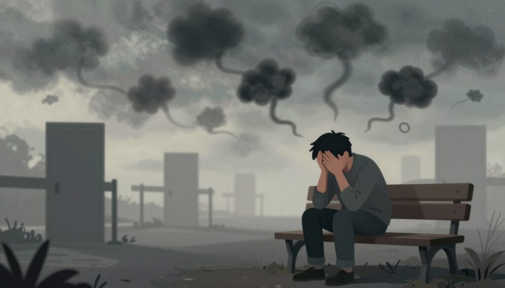 A conceptual illustration of a "vicious cycle of panic," depicting the overwhelming feelings of anxiety. In the foreground, a person dressed in modest casual clothing sits on a bench, visibly distressed, with their hand over their face, embodying a moment of panic. Surrounding them, swirling visual elements like shadowy tendrils or dark clouds symbolize negative thoughts and sensations spiraling out of control. In the middle ground, faint silhouettes of obstacles, such as locked doors and barriers, represent the avoidance behavior common in panic. The background features a muted, cloudy sky that suggests a sense of heaviness. Soft, diffused lighting adds a somber tone to emphasize the emotional weight of the scene. A conceptual illustration of a "vicious cycle of panic," depicting the overwhelming feelings of anxiety. In the foreground, a person dressed in modest casual clothing sits on a bench, visibly distressed, with their hand over their face, embodying a moment of panic. Surrounding them, swirling visual elements like shadowy tendrils or dark clouds symbolize negative thoughts and sensations spiraling out of control. In the middle ground, faint silhouettes of obstacles, such as locked doors and barriers, represent the avoidance behavior common in panic. The background features a muted, cloudy sky that suggests a sense of heaviness. Soft, diffused lighting adds a somber tone to emphasize the emotional weight of the scene.