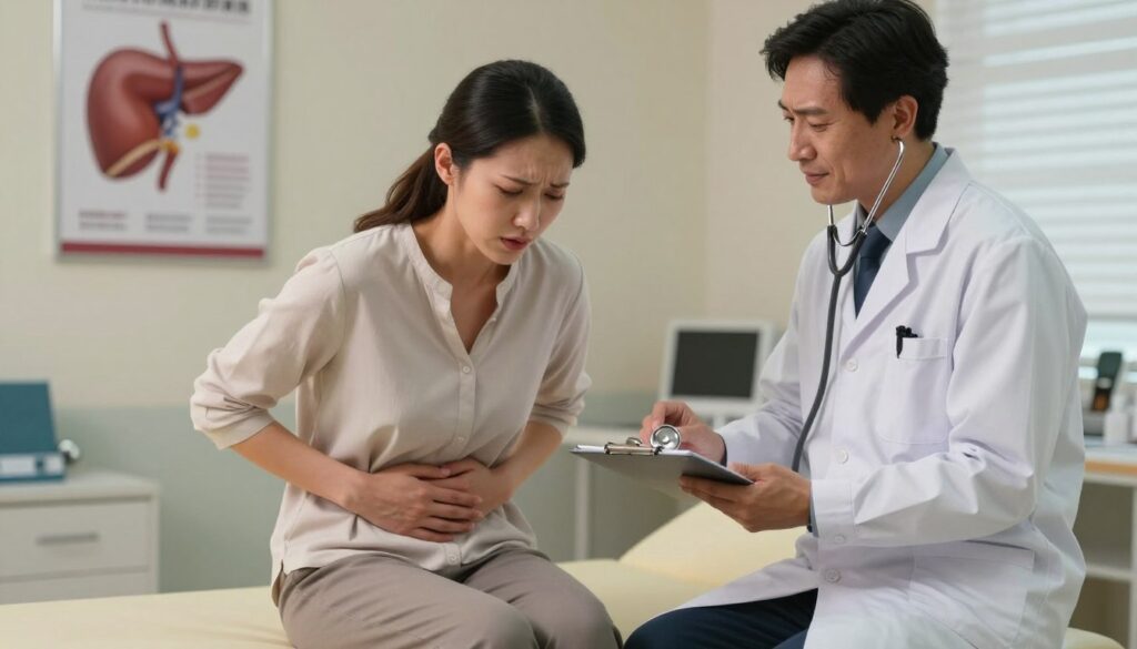 A concerned woman in a doctor's office, sitting on an examination table, displaying visible signs of distress and anxiety. She is wearing a simple, modest blouse and slacks, with her hand on her stomach, indicating discomfort. The doctor, in a white coat, stands nearby with a compassionate expression, holding a stethoscope and notepad, ready to assist. The background features medical posters about pancreas health and a subtle presence of medical equipment, creating a clinical atmosphere. Soft overhead lighting bathes the scene in a warm tone, highlighting the woman's worried expression. The image conveys a sense of urgency and concern, emphasizing the importance of seeking medical attention for alarming symptoms.