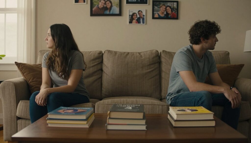 A contemplative scene depicting a couple sitting apart in a tastefully furnished living room, illustrating emotional distance in a relationship. The foreground features two individuals, a man and a woman, both in modest casual clothing. They sit on opposite ends of a comfortable sofa, with their bodies turned away from each other, conveying a lack of engagement. In the middle ground, a coffee table cluttered with unread relationship books symbolizes communication barriers. The background has soft, warm lighting from a nearby window, creating a cozy yet melancholic atmosphere. A few photographs of happier moments on the wall hint at the stages of love they once shared, while low-angle perspective emphasizes the emotional weight of the scene. The overall mood is reflective and serious, capturing the essence of emotional disengagement.