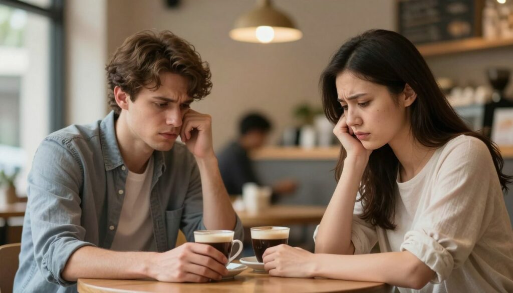 A couple sitting at a small table in a cozy, softly-lit café, displaying tense body language. The foreground features their hands slightly touching on the table, but with visible tension. In the middle ground, their faces show a range of emotions – frustration, concern, and a hint of longing for reconciliation. The backdrop consists of blurred, warm-toned café interior, with soft lighting that creates an intimate atmosphere. A cup of coffee sits between them, symbolizing connection amidst conflict. The overall mood is serious yet hopeful, capturing the essence of healthy conflict resolution in relationships. The image should focus on emotional expression and body language, using natural light to enhance the scene’s warmth.