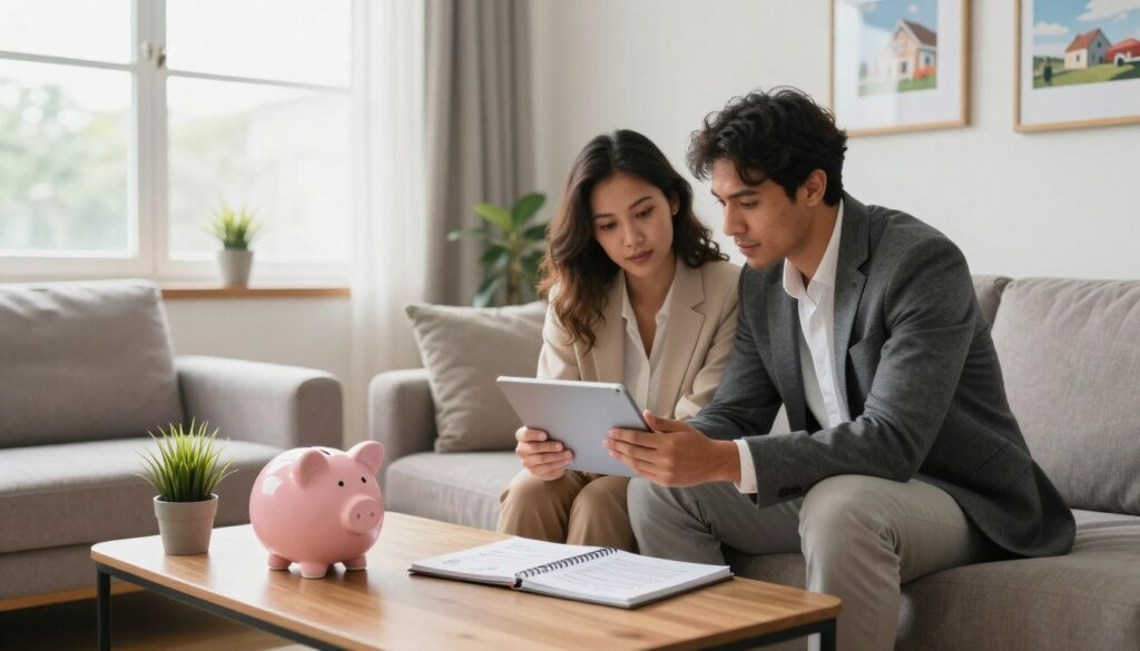 A cozy and modern living room setting that highlights the concept of saving as a couple. In the foreground, a diverse couple, dressed in professional business attire, is seated on a plush sofa, looking at a shared financial plan on a tablet. Their expressions reflect determination and teamwork. In the middle, a stylish coffee table holds a piggy bank, a notepad with goals written down, and a small plant symbolizing growth. In the background, a large window allows soft, natural light to flood the room, giving a warm and inviting atmosphere. The walls are adorned with framed pictures representing their shared dreams, such as a house and travel destinations. The overall mood is one of collaboration, hope, and financial security.