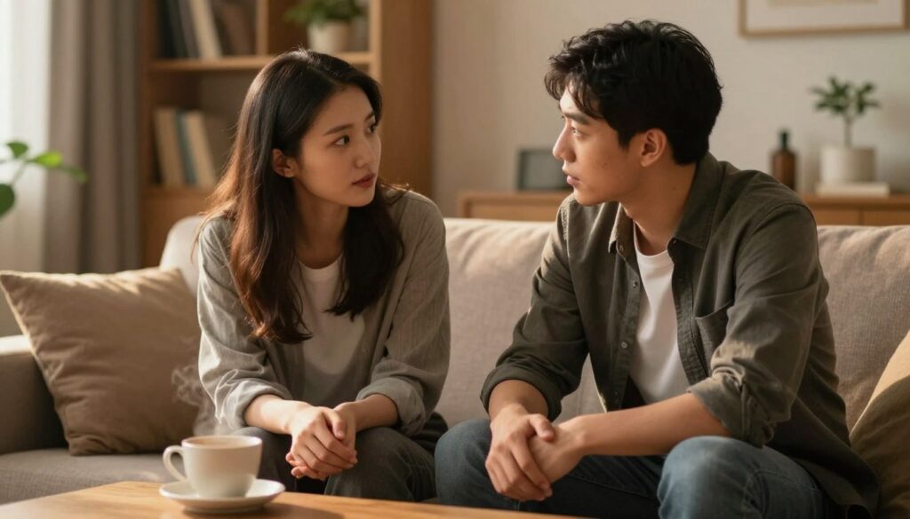 A cozy indoor setting featuring a couple sitting on a comfortable couch, engaged in a heartfelt conversation about emotional intimacy. The foreground focuses on their expressions—one partner looks attentive and caring while the other appears reflective, with warm, gentle eye contact. In the middle, a coffee table with a steaming cup suggests a casual yet serious mood, highlighting their connection. The background includes soft, warm-toned lighting, creating an inviting atmosphere, with a bookshelf and plants subtly enhancing the homely vibe. The composition should have a slight depth of field effect to emphasize the couple's intimate moment. Both partners are dressed in professional casual attire, ensuring a tasteful representation of the scene. The overall mood is warm, supportive, and introspective.