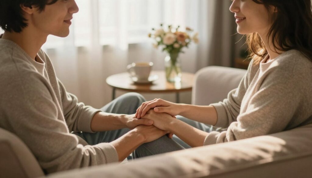 A cozy, intimate setting featuring two people sitting close together on a plush sofa, their hands gently intertwined. The foreground shows their relaxed expressions, exuding warmth and connection, while soft sunlight filters through sheer curtains, creating a golden glow that enhances the feeling of closeness. In the middle background, a small table holds a coffee mug and a bouquet of flowers, suggesting a shared moment. The room is adorned with soft, neutral colors and textures, creating a peaceful atmosphere. Use a shallow depth of field to focus on the couple while softly blurring the surroundings. The overall mood should be tender and inviting, illustrating the emotional and physical closeness shared between them. A cozy, intimate setting featuring two people sitting close together on a plush sofa, their hands gently intertwined. The foreground shows their relaxed expressions, exuding warmth and connection, while soft sunlight filters through sheer curtains, creating a golden glow that enhances the feeling of closeness. In the middle background, a small table holds a coffee mug and a bouquet of flowers, suggesting a shared moment. The room is adorned with soft, neutral colors and textures, creating a peaceful atmosphere. Use a shallow depth of field to focus on the couple while softly blurring the surroundings. The overall mood should be tender and inviting, illustrating the emotional and physical closeness shared between them.