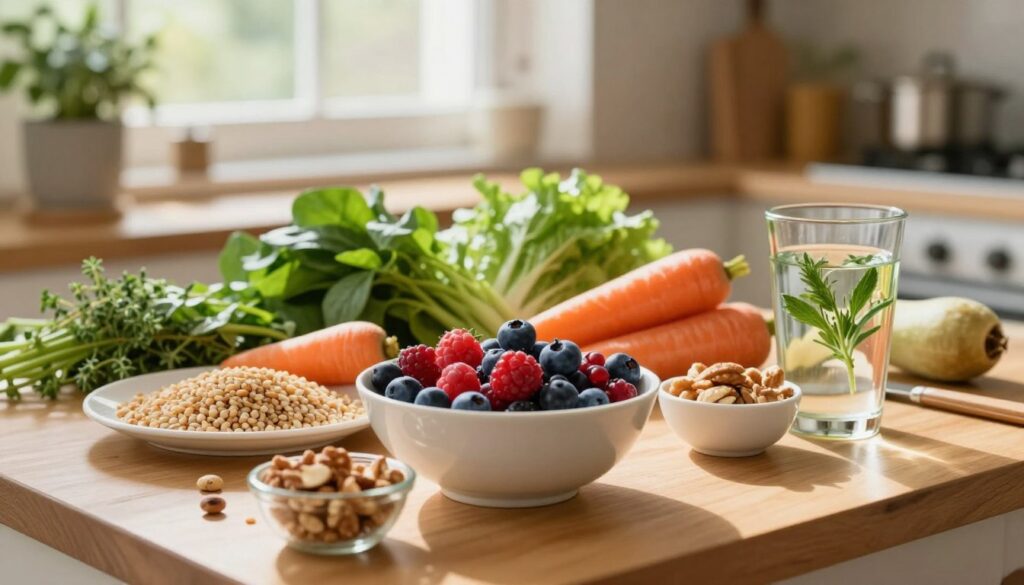 A cozy kitchen table setting filled with an array of colorful fruits, vegetables, and whole foods rich in micronutrients. In the foreground, a vibrant bowl of mixed berries, a small dish of nuts, and a glass of infused water with herbs create a fresh and healthy atmosphere. In the middle ground, lush greens and bright orange carrots rest beside wholesome grains, emphasizing nutritious eating. In the background, soft natural light streams through a window, casting a warm glow on the scene, with a hint of calming plants such as thyme or basil. The mood is tranquil and inviting, illustrating the theme of nourishment and stress reduction. The composition is balanced, with a shallow depth of field to focus on the food while softly blurring the background elements.