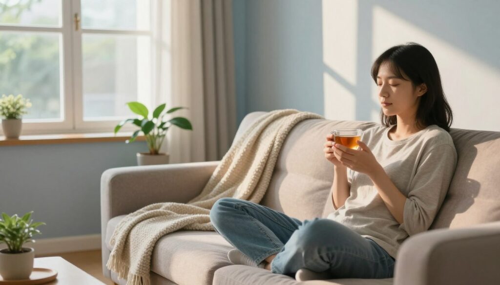 A cozy living room scene designed to evoke tranquility and stress relief. In the foreground, a person in modest casual clothing sits on a comfortable couch, cradling a warm cup of herbal tea, eyes closed in a moment of relaxation. In the middle, a soft throw blanket lies draped over the arm of the couch, with a small potted indoor plant nearby, adding a touch of greenery. The background features large windows allowing gentle sunlight to stream in, illuminating the space with a warm glow. Light shadows play on the walls, enhancing the calming atmosphere. The room is decorated with soft hues of blue and beige, creating a serene ambiance, emphasizing a peaceful return home after a long day.