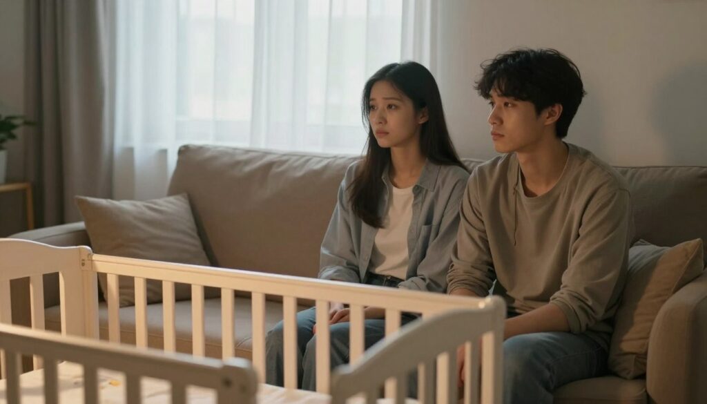 A cozy living room setting with a young couple seated on a sofa, looking distant yet contemplative. The foreground features a baby crib softly illuminated by gentle, warm lighting. In the middle, the couple, dressed in casual yet modest clothing, exhibit expressions of subtle sadness as they glance away from each other, reflecting their emotional solitude. The background includes a window with soft morning light filtering through sheer curtains, enhancing the feeling of isolation. The atmosphere is one of quiet reflection, capturing the complexity of parenthood and the unspoken challenges they face in their relationship after the arrival of their child. A cozy living room setting with a young couple seated on a sofa, looking distant yet contemplative. The foreground features a baby crib softly illuminated by gentle, warm lighting. In the middle, the couple, dressed in casual yet modest clothing, exhibit expressions of subtle sadness as they glance away from each other, reflecting their emotional solitude. The background includes a window with soft morning light filtering through sheer curtains, enhancing the feeling of isolation. The atmosphere is one of quiet reflection, capturing the complexity of parenthood and the unspoken challenges they face in their relationship after the arrival of their child.