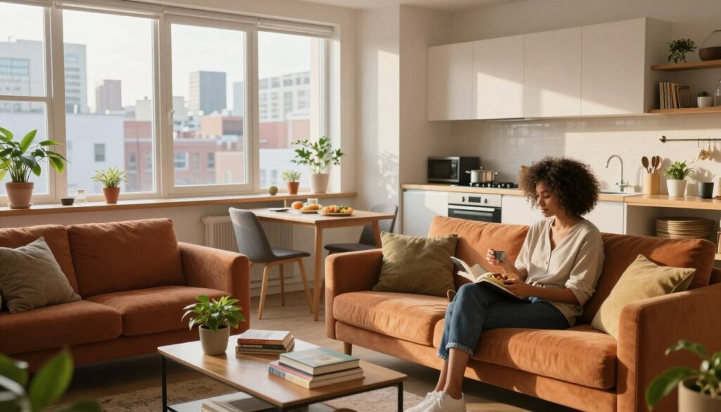 A cozy, modern apartment interior with two separate living spaces that convey individuality and independence. In the foreground, a stylish living area with a vibrant, inviting sofa, a coffee table filled with books, and plants for a fresh touch. The middle ground features a bright kitchen area, with a dining table set for one, showcasing an inviting meal, reflecting the idea of solo living. In the background, sunlight streams through large windows, illuminating a peaceful cityscape outside, hinting at a dynamic urban life. The overall mood is warm and serene, suggesting comfortable solitude amidst a bustling environment. The lighting is soft and natural, with a slight emphasis on the cozy textures of the furnishings. No people are present in the scene, creating a focus on the concept of individual space within a relationship.