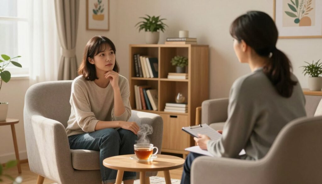 A cozy therapy room, warmly lit by soft, diffused lighting. In the foreground, a comfortable armchair facing a small, round table with a steaming cup of tea, symbolizing comfort and support. A subtle scene painter showing a therapist, a middle-aged person in smart-casual attire, listening attentively to a young adult who sits in the armchair, looking relaxed but contemplative. In the middle ground, a bookshelf filled with psychology books and soothing decor, like plants and calming artwork on the walls, enhancing the atmosphere of safety and healing. In the background, a window with sheer curtains allowing gentle natural light to brush across the room. The overall mood is warm, welcoming, and supportive, invoking a sense of trust and openness in mental health discussions. A cozy therapy room, warmly lit by soft, diffused lighting. In the foreground, a comfortable armchair facing a small, round table with a steaming cup of tea, symbolizing comfort and support. A subtle scene painter showing a therapist, a middle-aged person in smart-casual attire, listening attentively to a young adult who sits in the armchair, looking relaxed but contemplative. In the middle ground, a bookshelf filled with psychology books and soothing decor, like plants and calming artwork on the walls, enhancing the atmosphere of safety and healing. In the background, a window with sheer curtains allowing gentle natural light to brush across the room. The overall mood is warm, welcoming, and supportive, invoking a sense of trust and openness in mental health discussions.