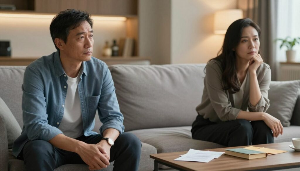 A depiction of a couple in their 40s sitting in a modern, softly lit living room, with a visible sense of distance between them. In the foreground, the man appears contemplative, looking away, dressed in a smart casual outfit. The woman sits nearby, her expression pensive, wearing a comfortable yet professional attire. In the middle ground, there is a coffee table between them, scattered with personal items symbolizing disconnection, like unopened letters or a forgotten book. The background shows a warm, inviting space with subtle lighting, enhancing the atmosphere of isolation despite the closeness. The mood is introspective and slightly melancholic, illustrating the lack of intimacy and connection in their relationship. The image should evoke feelings of loneliness and the longing for closeness.