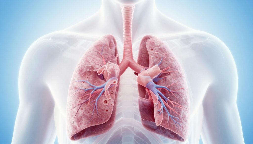 A detailed anatomical illustration of the human respiratory system, showcasing the lungs prominently in the foreground, with a translucent effect to reveal airways and alveoli. The middle ground features a stylized representation of the thoracic cavity, emphasizing the relationship between the lungs and heart. In the background, a soft gradient of blue and white creates a calming atmosphere, symbolizing breath and serenity. Bright, focused lighting highlights the lung structures, while gentle shadows add depth. For a sense of realism, consider a scientific illustration style, aiming for clarity and educational value, with a meticulous attention to anatomical accuracy. The overall mood should evoke a sense of awareness and seriousness relevant to health discussions. A detailed anatomical illustration of the human respiratory system, showcasing the lungs prominently in the foreground, with a translucent effect to reveal airways and alveoli. The middle ground features a stylized representation of the thoracic cavity, emphasizing the relationship between the lungs and heart. In the background, a soft gradient of blue and white creates a calming atmosphere, symbolizing breath and serenity. Bright, focused lighting highlights the lung structures, while gentle shadows add depth. For a sense of realism, consider a scientific illustration style, aiming for clarity and educational value, with a meticulous attention to anatomical accuracy. The overall mood should evoke a sense of awareness and seriousness relevant to health discussions.
