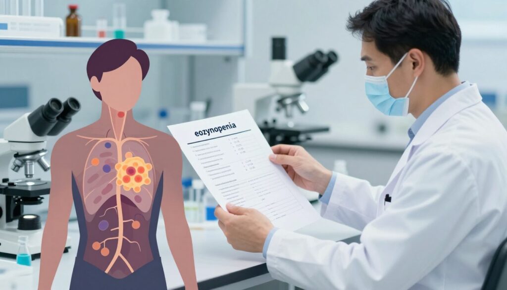 A detailed and informative illustration representing "eozynopenia" in a clinical context. In the foreground, a human silhouette (dressed in a professional business attire) shows a highlighted anatomical depiction of the immune system, particularly focusing on the eosinophils, represented as small, identifiable cells. In the middle ground, a medical expert, wearing a lab coat, examines lab results visibly displaying low eosinophil counts. The background is softly blurred but features an organized clinical laboratory with microscopes and test tubes, symbolizing a research environment. Use soft, ambient lighting to create a calm but serious mood, emphasizing the connection between stress and eosinophil levels. The angle should be slightly elevated, providing a comprehensive view of the scene while maintaining focus on the interplay between the elements. A detailed and informative illustration representing "eozynopenia" in a clinical context. In the foreground, a human silhouette (dressed in a professional business attire) shows a highlighted anatomical depiction of the immune system, particularly focusing on the eosinophils, represented as small, identifiable cells. In the middle ground, a medical expert, wearing a lab coat, examines lab results visibly displaying low eosinophil counts. The background is softly blurred but features an organized clinical laboratory with microscopes and test tubes, symbolizing a research environment. Use soft, ambient lighting to create a calm but serious mood, emphasizing the connection between stress and eosinophil levels. The angle should be slightly elevated, providing a comprehensive view of the scene while maintaining focus on the interplay between the elements.