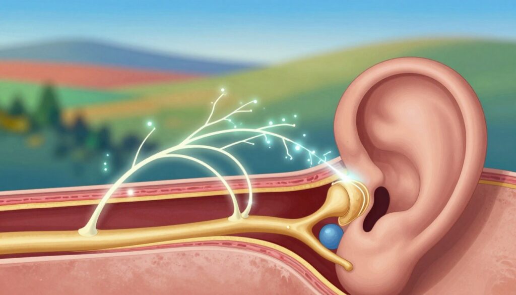 A detailed illustration depicting the mechanisms of stress on the vestibular system. In the foreground, include a cross-sectional view of the inner ear, highlighting the semicircular canals and vestibular nerve, with intricate details of their structure. The middle layer features an abstract representation of neural pathways, shimmering with electric impulses, symbolizing the connection between stress and dizziness. In the background, a serene but slightly distorted landscape conveys a feeling of unease, with vibrant colors blending into a soft gradient, suggesting the impact of stress on perception. Soft, diffused lighting enhances the overall atmosphere, while a slightly tilted perspective creates a sense of disorientation. The image should evoke a scientific, yet emotional response, suitable for an academic article on health.