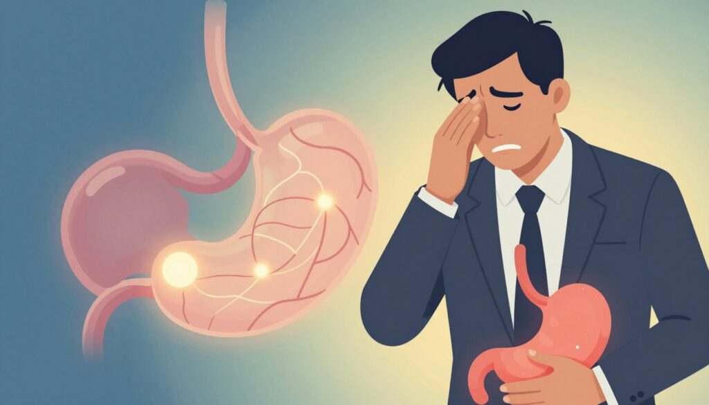 A detailed illustration depicting the relationship between cortisol levels and the stomach during stress. In the foreground, a stylized human silhouette, dressed in professional attire, shows a distressed expression, with visible signs of tension in the stomach area highlighted. The middle ground features an imaginative representation of the cortisol hormone, visualized as a glowing molecule, intertwining with nerve pathways that connect to the stomach, symbolizing the nervous system's influence. In the background, soft-focus gradient colors of blue and green evoke a calming atmosphere, contrasting with the intensity of the foreground. The lighting is warm and inviting, creating a sense of understanding and hope. Capture a close-up angle that emphasizes the human figure's emotions while maintaining a balanced and professional aesthetic.