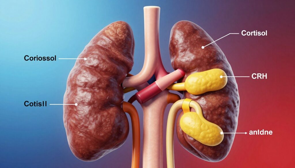 A detailed, scientific illustration of the adrenal glands, highlighting the production of cortisol and its effects. In the foreground, a realistic depiction of the adrenal glands, colored in rich browns and yellows to represent hormonal activity. In the middle ground, arrows and labeled diagrams illustrating cortisol, CRH, and adrenaline pathways, showing their connection to stress response. The background should feature a soft gradient, transitioning from calming blues to stress-inducing reds, symbolizing the dichotomy of wellness and stress. Utilize bright, focused lighting to emphasize the adrenal glands and diagrams, creating a sense of urgency and clarity. The overall mood should evoke a sense of scientific examination and understanding of hormonal dynamics in response to stress, suitable for an educational context.
