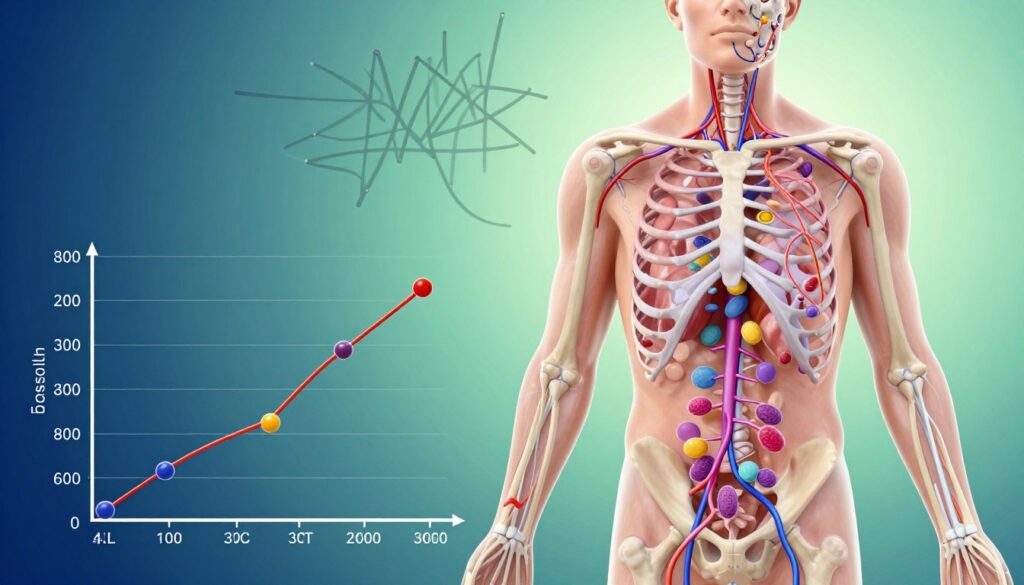 A detailed scientific illustration showing the relationship between stress and eosinophils in the human body. In the foreground, a stylized graph depicting eosinophil levels in response to varying stress levels, with colored markers representing different stressors. In the middle ground, an anatomical representation of a human body, highlighting the blood circulation, emphasizing eosinophils as distinct cells within the bloodstream, colored for clarity. The background features a calming gradient from dark blue to light green, symbolizing stress and relief, with abstract shapes representing stress factors like chaotic lines or jagged forms. The atmosphere is clinical and informative, illuminated with bright, even lighting to enhance visibility. Capture this with a slight aerial angle for a comprehensive view, ensuring it's engaging yet professional. A detailed scientific illustration showing the relationship between stress and eosinophils in the human body. In the foreground, a stylized graph depicting eosinophil levels in response to varying stress levels, with colored markers representing different stressors. In the middle ground, an anatomical representation of a human body, highlighting the blood circulation, emphasizing eosinophils as distinct cells within the bloodstream, colored for clarity. The background features a calming gradient from dark blue to light green, symbolizing stress and relief, with abstract shapes representing stress factors like chaotic lines or jagged forms. The atmosphere is clinical and informative, illuminated with bright, even lighting to enhance visibility. Capture this with a slight aerial angle for a comprehensive view, ensuring it's engaging yet professional.