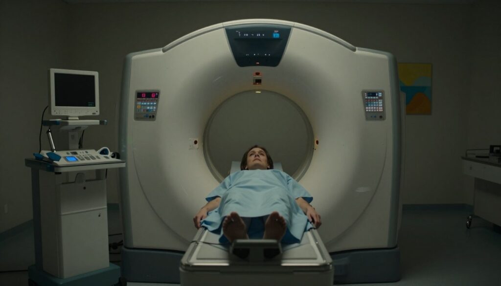 A dimly lit MRI room that exudes a sense of claustrophobia, featuring a narrow, metallic MRI machine at the center. In the foreground, a worried individual lying on the patient table, dressed in a modest hospital gown, their face reflecting anxiety as they prepare to enter the machine. Soft, diffused artificial light casts shadows, highlighting the contours of the machine and the tight space around it. The middle layer depicts monitoring equipment, creating a clinical atmosphere that enhances the feeling of confinement. In the background, the room’s sterile walls are adorned with calming yet minimal artwork, suggesting an attempt to alleviate fear. The overall mood is tense and introspective, inviting the viewer to empathize with the subject’s emotional struggle. A dimly lit MRI room that exudes a sense of claustrophobia, featuring a narrow, metallic MRI machine at the center. In the foreground, a worried individual lying on the patient table, dressed in a modest hospital gown, their face reflecting anxiety as they prepare to enter the machine. Soft, diffused artificial light casts shadows, highlighting the contours of the machine and the tight space around it. The middle layer depicts monitoring equipment, creating a clinical atmosphere that enhances the feeling of confinement. In the background, the room’s sterile walls are adorned with calming yet minimal artwork, suggesting an attempt to alleviate fear. The overall mood is tense and introspective, inviting the viewer to empathize with the subject’s emotional struggle.