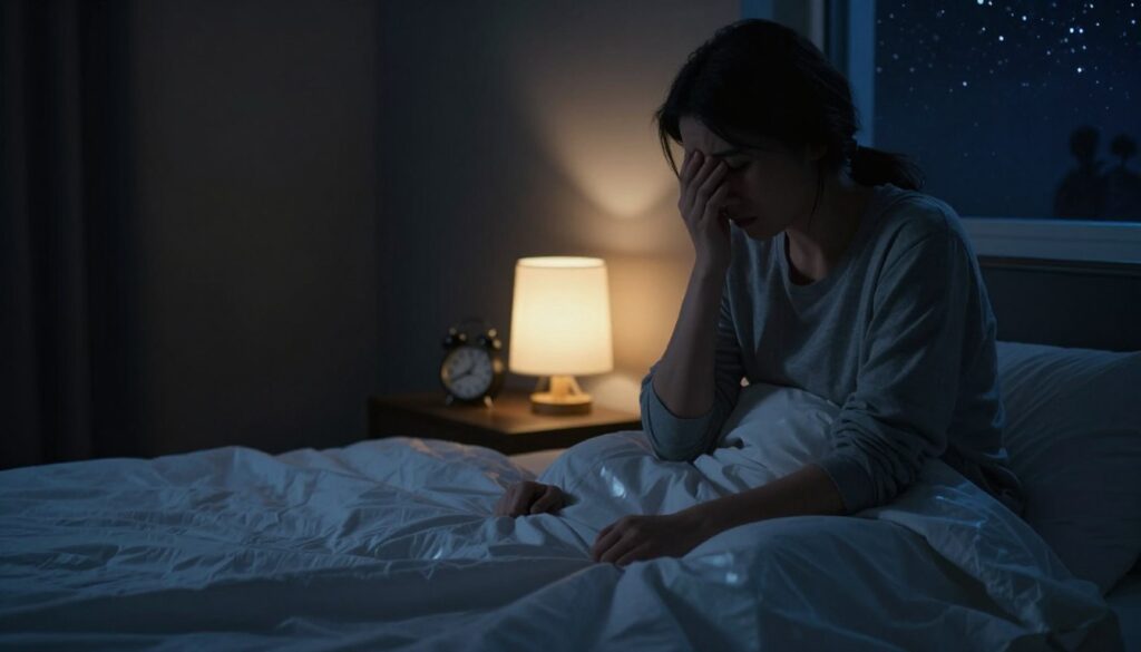 A dimly lit bedroom scene at night, featuring a person in modest casual clothing sitting on the edge of their bed, looking anxious and pensive. The foreground shows a close-up of their hands gripping the sheets, reflecting tension. In the middle ground, a softly glowing bedside lamp emits a warm light, illuminating a clock showing 3:00 AM, suggesting the late hour of the panic attack. In the background, a shadowy figure is partially visible, symbolizing the overwhelming feeling of fear and anxiety associated with panic attacks. The room has dark walls, creating a claustrophobic atmosphere, while a window reveals a starry night sky, providing a contrast to the feeling of confinement. The overall mood is tense, evoking empathy and understanding of nighttime panic.
