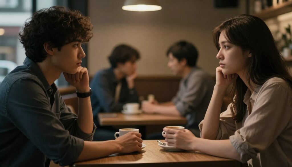 A dimly lit café interior with two people sitting across from each other at a small table, their expressions reflecting a sense of distance and disengagement. The foreground features a close-up of their hands, one resting on the table, the other fiddling with a coffee cup, symbolizing hesitation. In the middle ground, the couple's faces show subtle signs of fading connection, with slightly averted gazes that convey unspoken tension. The background contains soft, blurred figures of other patrons, engaged in animated discussions, to emphasize the contrast. The warm lighting casts gentle shadows, creating an atmosphere of introspection and melancholic reflection. The lens is set at a slight angle to capture the emotional weight of the moment, evoking a feeling of quiet contemplation and longing for deeper connection.