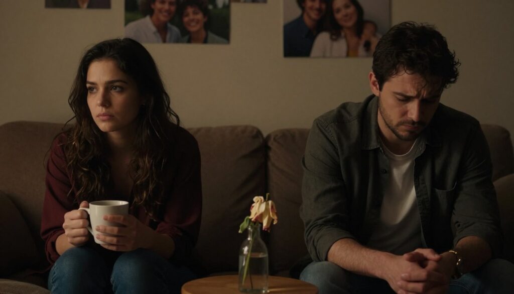 A dimly lit, intimate room featuring a couple seated on a plush couch, appearing emotionally distant despite their physical closeness. In the foreground, the woman holds a coffee cup, glancing away with a contemplative expression, while the man looks down with a furrowed brow, suggesting tension and uncertainty. Soft shadows create a moody atmosphere, accentuated by warm, muted lighting that highlights their faces yet deepens the background shadows. In the middle ground, a small table holds a wilted flower vase, symbolizing a struggling connection. The background features blurry, indistinct images of happy memories on the wall, emphasizing their emotional blockage. The overall mood is one of vulnerability and introspection, capturing the essence of emotional barriers in relationships.