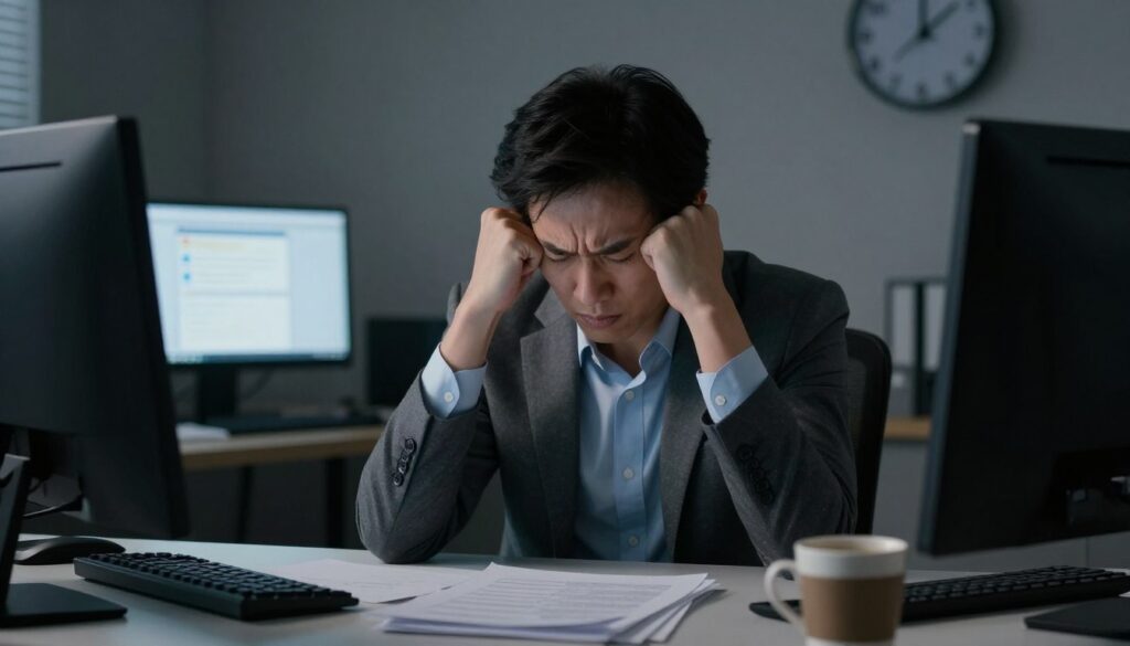 A dimly lit office environment reflecting stress, featuring a person in professional attire sitting at a cluttered desk. The individual appears visibly tense, with furrowed brows and clenched fists, while papers and a computer screen filled with alerts surround them. In the background, a clock shows late hours, emphasizing a sense of urgency. Soft, harsh lighting casts shadows across the scene, creating a moody atmosphere. Include a close-up of a coffee cup filled to the brim, symbolizing sleepless nights and constant stress. The colors should lean towards muted tones, such as grays and blues, to evoke feelings of anxiety and overwhelm. The image encapsulates the silent struggle with stress that often goes unnoticed.