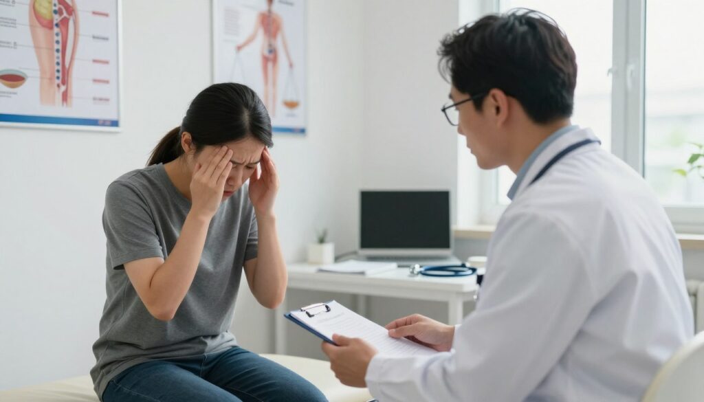 A focused scene depicting a medical consultation in a well-lit doctor's office. In the foreground, a doctor in a white coat, with glasses, examines a patient seated on an examination table. The patient looks concerned, reflecting symptoms of dizziness and confusion, evident in their expression. In the middle ground, medical posters on the walls illustrate balance and vestibular anatomy. A desk with medical charts and a stethoscope adds context. The background features a window with soft daylight filtering through, enhancing the calm yet serious atmosphere. The mood conveys professionalism and concern while emphasizing the significance of understanding medical diagnoses, such as dizziness and disorientation, in relation to stress.