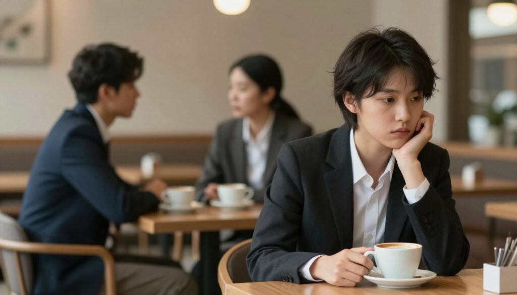 A fragmented relationship scene depicting signs of avoidance in relationships. In the foreground, a person dressed in professional business attire is sitting alone at a café table, looking pensively at their coffee, with a distant expression, symbolizing emotional withdrawal. In the middle ground, two other individuals are engaged in a conversation, but there is a noticeable gap between them, emphasizing the theme of disconnection. The background shows a blurred café setting with soft, warm lighting that evokes a contemplative mood. Use natural, soft focus and a slight depth of field to highlight the central figure while subtly conveying the ambiance of loneliness and avoidance in social interactions. Capture a sense of introspection and emotional distance throughout the scene. A fragmented relationship scene depicting signs of avoidance in relationships. In the foreground, a person dressed in professional business attire is sitting alone at a café table, looking pensively at their coffee, with a distant expression, symbolizing emotional withdrawal. In the middle ground, two other individuals are engaged in a conversation, but there is a noticeable gap between them, emphasizing the theme of disconnection. The background shows a blurred café setting with soft, warm lighting that evokes a contemplative mood. Use natural, soft focus and a slight depth of field to highlight the central figure while subtly conveying the ambiance of loneliness and avoidance in social interactions. Capture a sense of introspection and emotional distance throughout the scene.