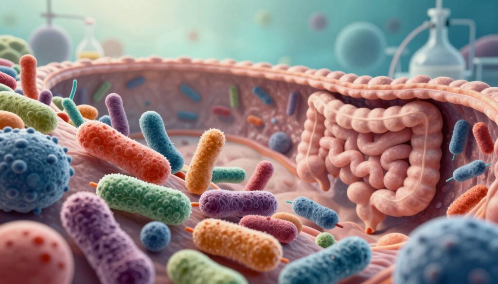 A highly detailed illustration of gut microbiota, showcasing a vibrant ecosystem of beneficial bacteria and microorganisms, represented in a rich, colorful array of shapes and textures. In the foreground, a close-up view of various microorganisms, including cocci, bacilli, and filamentous bacteria, displaying dynamic interactions. The middle ground features a swirling representation of the intestinal wall, portrayed in soft, organic tones, symbolizing the gut environment affected by stress. In the background, a subtle gradient of blues and greens, evoking a serene yet complex biological landscape. The lighting is soft and diffuse, mimicking natural sunlight filtering through a lab setting, adding depth to the scene. The mood is contemplative, inviting viewers to reflect on the relationship between gut health and stress. The perspective is slightly angled, creating a sense of immersion in this microscopic world.