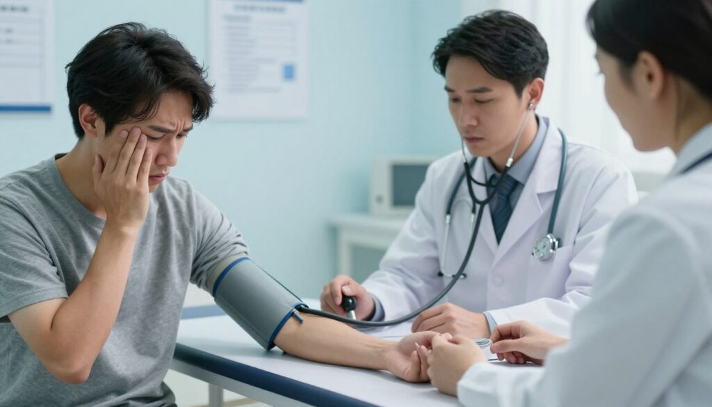 A medical office setting featuring a worried individual sitting on an examination table, wearing a casual shirt, while a doctor in a white coat measures blood pressure using a sphygmomanometer. The foreground reveals an anxious expression on the individual's face, highlighting the stress response. In the middle, the doctor focuses intently on the device, illustrating the measurement process. The background includes medical charts and a soothing color palette of light blues and whites to create a calming atmosphere. Soft, diffused lighting enhances the scene, reminiscent of a clinical environment. The image captures the relationship between stress and blood pressure, conveying urgency while remaining professional and informative.
