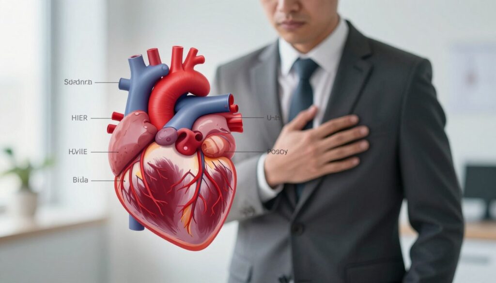 A medical visualization focusing on the theme of heart disease, prominently featuring a human heart anatomy illustration in the foreground. The heart is depicted in a vibrant red color, with clear labels highlighting major arteries and veins, surrounded by a soft, ambient light to create an inviting yet serious atmosphere. In the middle ground, include a subtle illustration of a person in professional business attire, holding their chest in a look of concern, symbolizing the stress-related symptoms associated with heart issues. The background should be a softly blurred, sterile medical office environment that conveys a sense of urgency and professionalism. Use natural lighting to enhance the emotional weight of the scene, creating a mood of awareness and caution around heart health.
