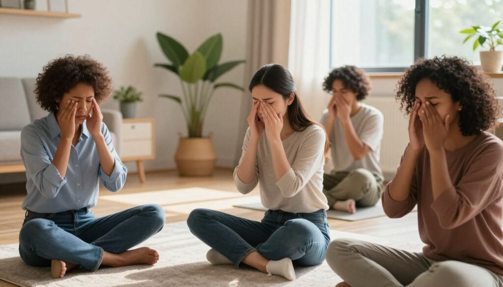 A peaceful indoor setting illustrating grounding techniques during a panic attack. In the foreground, a diverse group of three individuals sits on a soft rug, practicing deep breathing exercises. They are in casual yet professional attire, visibly calm and focused on their technique. The middle ground features a softly lit room with plants and soothing decor, promoting a serene atmosphere. In the background, gentle light streams in through large windows, casting soft shadows and creating a warm, inviting mood. The composition captures the essence of tranquility and control amidst a moment of anxiety, highlighting the connection between body, attention, and environment. The angle should be slightly elevated for a clear view of the participants, emphasizing their mindful practices. A peaceful indoor setting illustrating grounding techniques during a panic attack. In the foreground, a diverse group of three individuals sits on a soft rug, practicing deep breathing exercises. They are in casual yet professional attire, visibly calm and focused on their technique. The middle ground features a softly lit room with plants and soothing decor, promoting a serene atmosphere. In the background, gentle light streams in through large windows, casting soft shadows and creating a warm, inviting mood. The composition captures the essence of tranquility and control amidst a moment of anxiety, highlighting the connection between body, attention, and environment. The angle should be slightly elevated for a clear view of the participants, emphasizing their mindful practices.