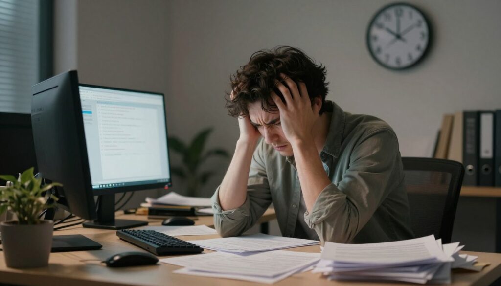 A person sitting at a cluttered desk in an office environment, visibly stressed, with furrowed brows and a tense posture. Papers are scattered around, along with a computer screen displaying numerous notifications, hinting at overwhelming tasks. A warm office light casts soft shadows, creating a somewhat chaotic atmosphere. In the background, a clock shows the time rushing by, symbolizing the pressure of time. To the side, a potted plant appears wilted, contrasting the person's stressed demeanor and suggesting a need for care and balance. The focus is on the person's expression and the clutter, evoking a sense of anxiety and the challenges of managing stress in daily life.