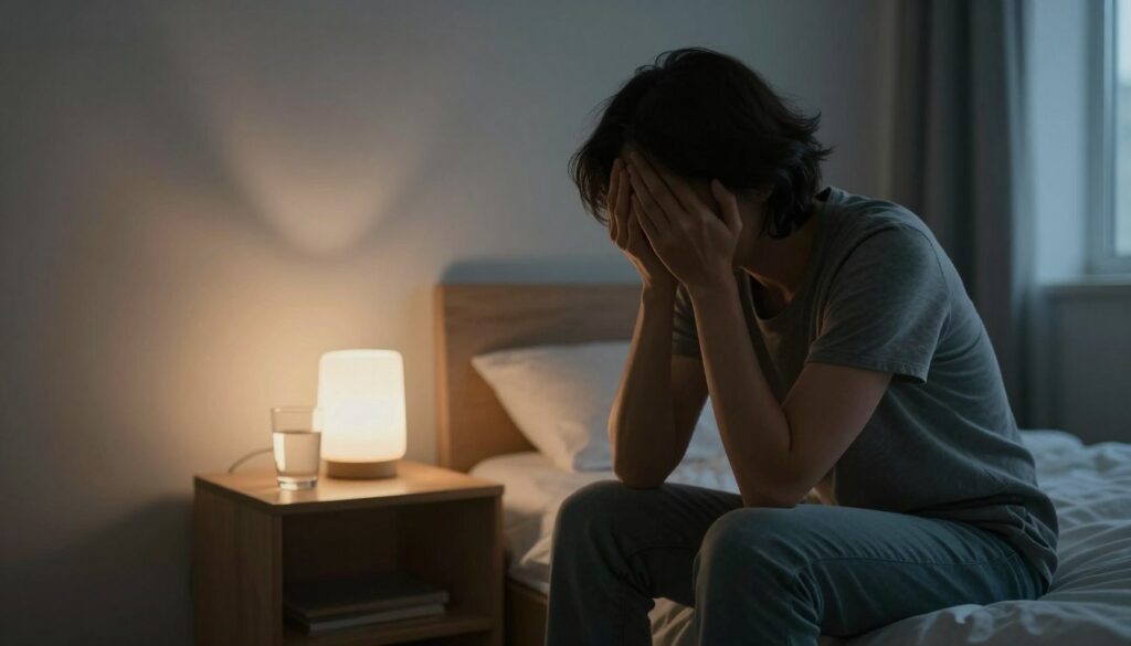 A person sitting on the edge of a bed in a dimly lit room, their hands covering their face, expressing deep emotional turmoil during a panic attack. The foreground shows the person's tense posture, dressed in simple, modest casual clothing. In the middle, a bedside table with a glass of water and a soft, glowing lamp, suggesting an attempt to create a calming atmosphere. The background highlights a shadowy wall and a window with drawn curtains, hinting at the outside world and the feeling of isolation. Soft, dim lighting enhances the mood of anxiety and struggle, while the angle is slightly tilted to reflect an unstable mental state, capturing the essence of fear and urgency.