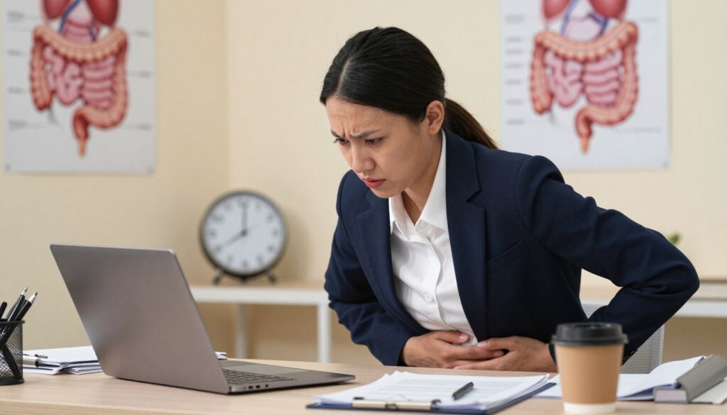 A professional setting depicting a young adult in business attire sitting at a desk, looking concerned and stressed while holding their stomach, indicating discomfort. The foreground features a cluttered workspace with a laptop, papers, and a coffee cup, symbolizing work pressure. In the middle, a clock shows late hours, adding to the tension. The background includes health-related visuals, like a poster of the digestive system, subtly hinting at gastrointestinal issues. Soft, warm lighting creates a somber atmosphere, while the angle is slightly above eye level, capturing the individual's expression of anxiety and unease. The overall mood conveys stress and discomfort, reflecting emotional and physical strain without any explicit content.