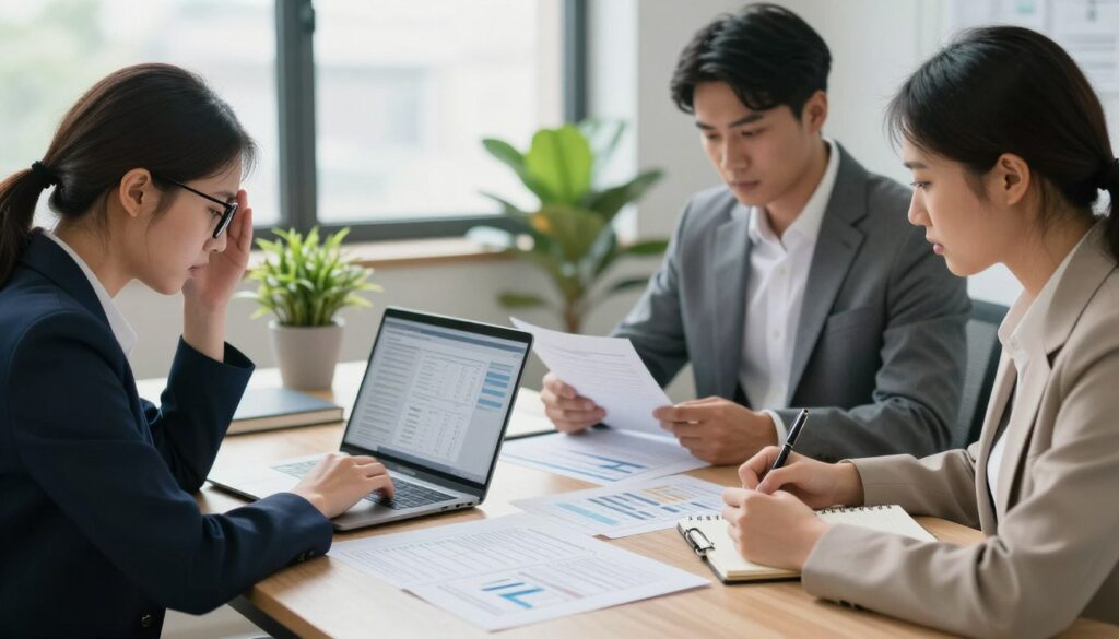 A professional setting illustrating the interpretation of test results for panic attacks. In the foreground, a diverse group of three individuals dressed in business attire—a woman with glasses analyzing data on a laptop, a man reviewing printed charts, and another woman taking notes. In the middle, a large table filled with documents and assessment results, alongside a calming potted plant. The background features a bright office with soft lighting coming through large windows, creating an atmosphere of focus and understanding. The overall mood is thoughtful and collaborative, emphasizing a professional approach to understanding mental health assessments.