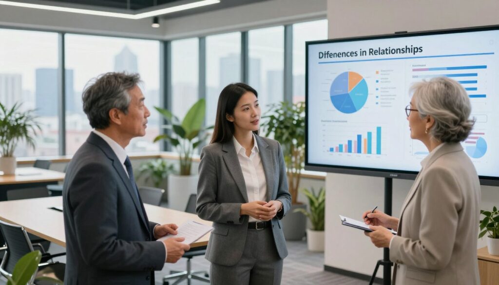 A research setting displaying a visual analysis of age differences in relationships. In the foreground, a diverse group of three professionals, a middle-aged man, a younger woman, and an older woman, are engaged in discussion, each in smart business attire. They are surrounded by charts and graphs on a large screen illustrating statistics related to age differences in relationships, conveying a sense of inquiry and collaboration. In the middle ground, a bright conference room with a large table and modern decor is visible, filled with plants for a refreshing atmosphere. The background features a large window showcasing a city skyline under soft daylight, emphasizing a professional yet inviting environment. The overall mood is serious yet optimistic, reflecting the essence of research and data analysis. A research setting displaying a visual analysis of age differences in relationships. In the foreground, a diverse group of three professionals, a middle-aged man, a younger woman, and an older woman, are engaged in discussion, each in smart business attire. They are surrounded by charts and graphs on a large screen illustrating statistics related to age differences in relationships, conveying a sense of inquiry and collaboration. In the middle ground, a bright conference room with a large table and modern decor is visible, filled with plants for a refreshing atmosphere. The background features a large window showcasing a city skyline under soft daylight, emphasizing a professional yet inviting environment. The overall mood is serious yet optimistic, reflecting the essence of research and data analysis.