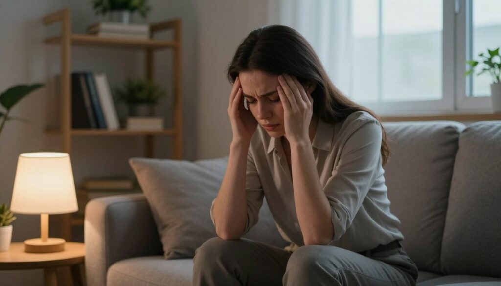 A serene and calming indoor setting featuring a young professional woman sitting on a sofa, dressed in modest casual clothing, with a look of mild distress on her face, holding her head in her hands. In the foreground, a warm light emanates from a lamp on a side table, creating a soft glow that contrasts with the darker shadows in the room, giving it an intimate feel. In the middle ground, shelves with books and plants create an inviting atmosphere, while the background shows a large window with gentle natural light filtering in, suggesting safety and hope. The overall mood is one of vulnerability mixed with the desire for calmness and clarity, illustrating a moment of internal struggle during a panic attack.