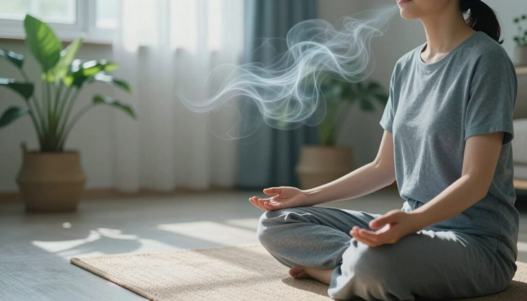A serene and calming scene depicting a person practicing deep breathing to alleviate stress. In the foreground, a individual sits cross-legged on a soft, natural-looking mat, wearing comfortable, modest clothing. Their hands rest gently on their knees, palms up, as they engage in deep inhalation and exhalation, depicted with visible, flowing breaths illustrated as soft, luminous waves. In the middle ground, a tranquil indoor space features potted plants and soft, natural light filtering through sheer curtains, casting gentle shadows. The background showcases a peaceful, muted color palette of blues and greens to evoke a sense of calmness. The overall atmosphere is one of tranquility and wellness, inviting viewers to embrace the practice of mindful breathing.