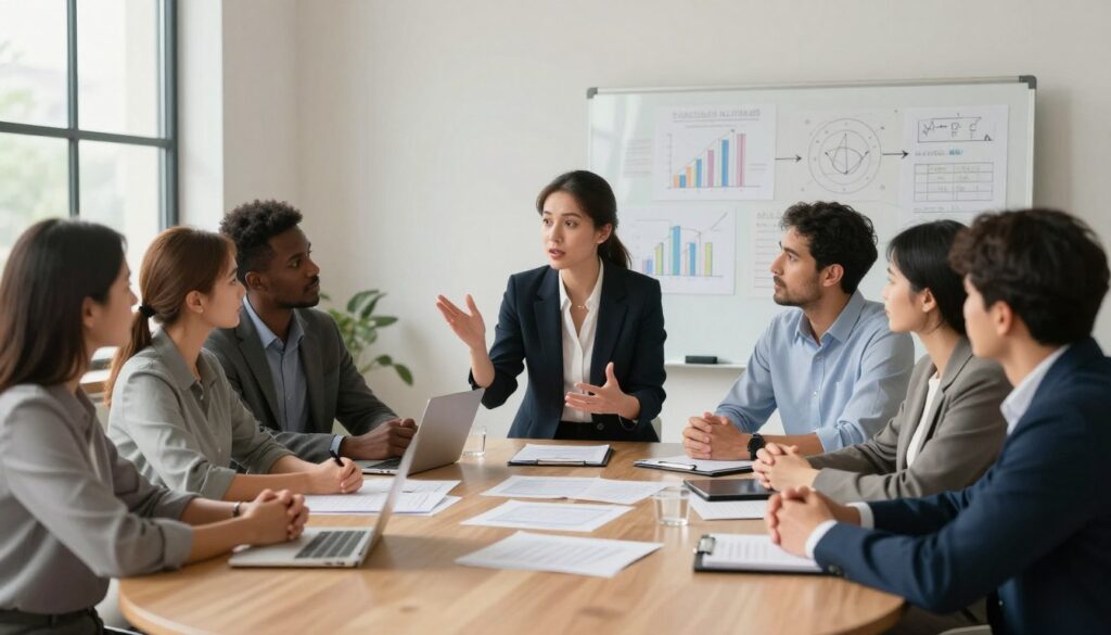 A serene and empowering scene depicting a group of diverse individuals in a professional setting, engaged in a thoughtful discussion around a large round table. In the foreground, a confident woman, dressed in smart business attire, gestures emphatically as she speaks, representing the importance of communication in countering manipulation. Surrounding her, men and women of various ethnicities listen intently, their expressions reflecting determination and support. The middle ground features visual elements symbolizing strategy and control, such as charts and a whiteboard with brainstorming notes. In the background, large windows allow soft, natural light to flood the room, creating a warm, inviting atmosphere. The overall mood should be one of collaboration, strength, and empowerment, illustrating the theme of taking control and developing strategies against psychological manipulation. A serene and empowering scene depicting a group of diverse individuals in a professional setting, engaged in a thoughtful discussion around a large round table. In the foreground, a confident woman, dressed in smart business attire, gestures emphatically as she speaks, representing the importance of communication in countering manipulation. Surrounding her, men and women of various ethnicities listen intently, their expressions reflecting determination and support. The middle ground features visual elements symbolizing strategy and control, such as charts and a whiteboard with brainstorming notes. In the background, large windows allow soft, natural light to flood the room, creating a warm, inviting atmosphere. The overall mood should be one of collaboration, strength, and empowerment, illustrating the theme of taking control and developing strategies against psychological manipulation.