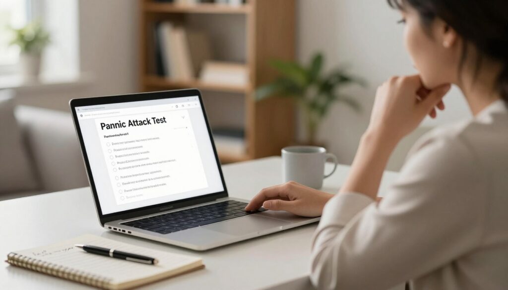 A serene and focused workspace setting that illustrates the concept of an online panic attack test. In the foreground, a laptop is open, displaying a simple, clean interface of a psychological test with clickable questions, set on a modern desk. On one side, a notepad with handwritten notes and a pen lies, suggesting preparation for deep reflection. The middle ground features a calm person, dressed in professional attire, seated in a relaxed posture, thoughtfully engaging with the test. The background includes soft-focus elements like a bookshelf filled with self-help books and a potted plant, creating an atmosphere of tranquility and introspection. Warm, natural lighting enhances the sense of calmness and focus, inviting the viewer into a thoughtful and supportive environment.