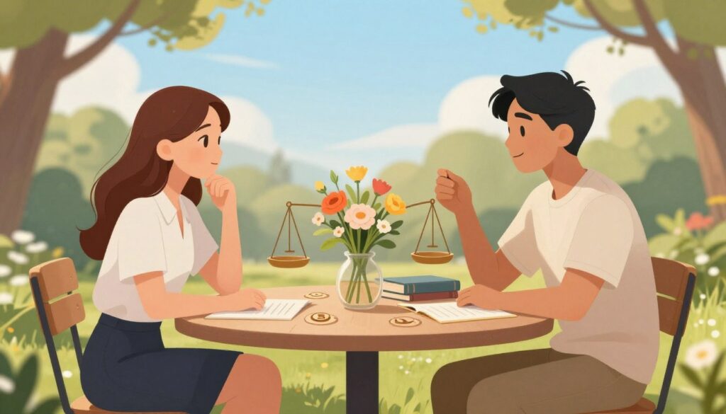 A serene and harmonious scene depicting a Virgo and Libra partnership, symbolizing their compatibility and shared values. In the foreground, a Virgo person is portrayed as diligent and detail-oriented, dressed in professional business attire, engaged in a thoughtful conversation with a Libra person, characterized by charm and diplomacy, in stylish yet modest casual wear. The middle ground features a beautifully balanced table adorned with elements representing harmony, such as flowers, books, and astrological symbols. In the background, a softly lit park setting under a clear blue sky suggests tranquility and connection. The warm, inviting lighting casts gentle shadows, creating an atmosphere of understanding and collaboration, emphasizing the theme of communication and mutual respect.