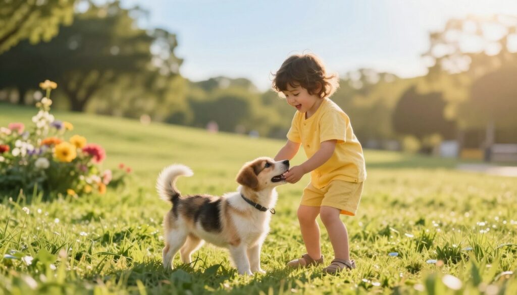 A serene and heartwarming scene of a young child, around 5 years old, playing in a sunlit park. The child is wearing a bright, modest summer outfit, joyfully interacting with a friendly puppy. In the background, a gentle slope of green grass leads to a few colorful flowers swaying in the light breeze. Soft golden hour lighting bathes the scene, creating a warm and inviting atmosphere. The focus is on the child's joyful expression, showing innocence and curiosity. A blurred backdrop of trees and a clear blue sky enhances the feeling of a peaceful day. The image captures the essence of building a nurturing relationship without pressure, evoking emotions of warmth, joy, and connection.