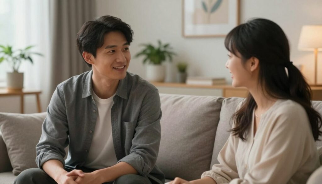 A serene and intimate scene illustrating the theme of acceptance and authenticity. In the foreground, two individuals—one man and one woman—are engaged in a heartfelt conversation while seated on a comfortable couch, dressed in professional yet modest attire. Their expressions convey warmth and openness, highlighting a deep emotional connection. In the middle ground, soft ambient lighting creates a cozy atmosphere, accentuating the tenderness of the moment. In the background, a softly blurred living room with house plants and gentle artwork creates a sense of homeliness and tranquility. The overall mood should evoke feelings of closeness and understanding, emphasizing that acceptance is central to fostering deeper relationships. The scene should be captured with a soft focus lens, giving a gentle and inviting depth of field. A serene and intimate scene illustrating the theme of acceptance and authenticity. In the foreground, two individuals—one man and one woman—are engaged in a heartfelt conversation while seated on a comfortable couch, dressed in professional yet modest attire. Their expressions convey warmth and openness, highlighting a deep emotional connection. In the middle ground, soft ambient lighting creates a cozy atmosphere, accentuating the tenderness of the moment. In the background, a softly blurred living room with house plants and gentle artwork creates a sense of homeliness and tranquility. The overall mood should evoke feelings of closeness and understanding, emphasizing that acceptance is central to fostering deeper relationships. The scene should be captured with a soft focus lens, giving a gentle and inviting depth of field.